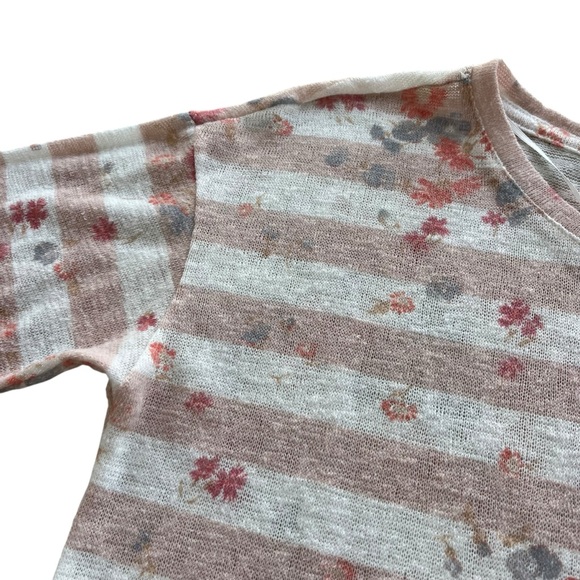 LC Lauren Conrad Women’s M Blush Pink White Stripe Floral Bow 3/4 Sl Knit Blouse - Picture 7 of 15